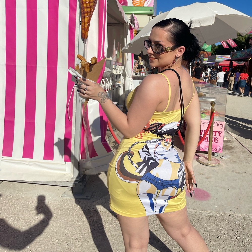 Yellow Anime Kawaii Y2K Mini Bodycon Dress with spaghetti straps